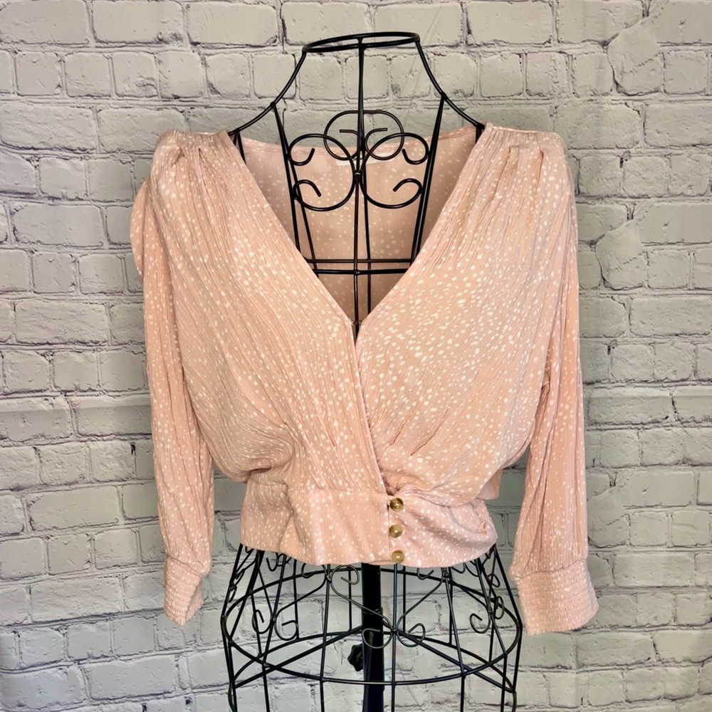 ONIELL, pink with white polka dot, deep v-cut long sleeve blouse